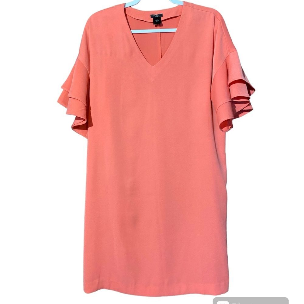 Ann Taylor Coral V Neck Ruffled Bell Sleeves Shift Dress Women's Size MP